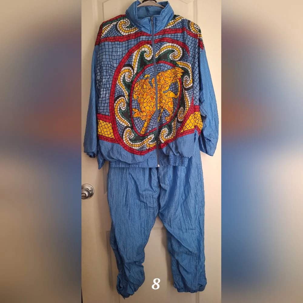 Vintage 80s Gallery Sport Mosaic Griffin Lion Full Zip Windbreaker Set Mens Sz M - Picture 2 of 16